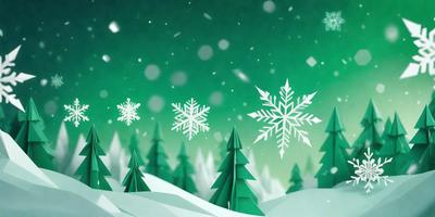 The primary subject of the image is a snowy scene featuring a group of trees with snow-covered branches. The setting is a winter landscape, and the visual style is a combination of digital art and illustration. The dominant colors are white and green, creating a serene and peaceful atmosphere.
